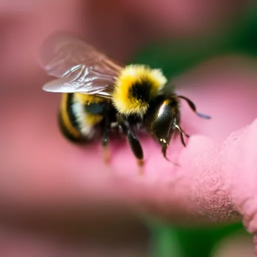 Prompt: a bumblebee resting on the tip of a human finger , depth of field, close up , ultra realistic