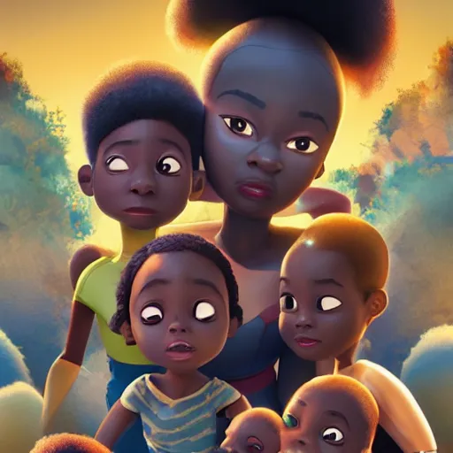 Image similar to stunning, coherent, impressive, still of black family, follow shot, 3d, in the style of pixar, comic book style, 3d, highly detailed, 16k resolution, octane renderer, coherent, cinematic lighting