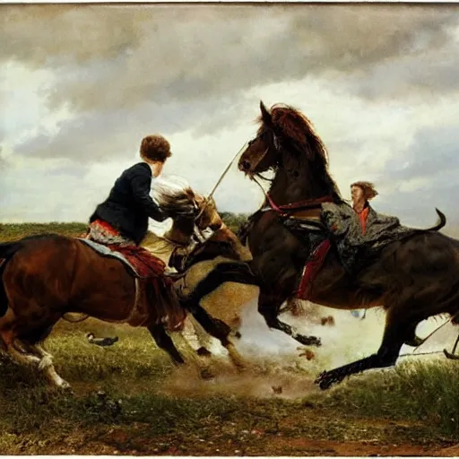 Prompt: the gish gallop by ernest meissonier, rosa bonheur, oil on canvas, 1 8 7 5