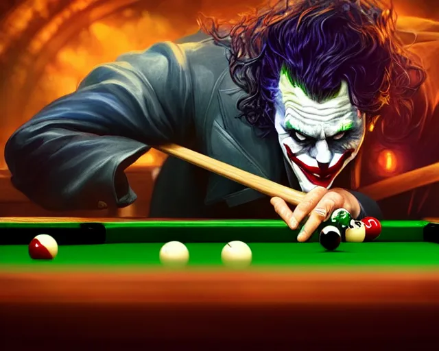 Image similar to photography of the joker playing pool, deep focus, intricate, elegant, highly detailed, digital painting, artstation, concept art, matte, sharp focus, illustration, hearthstone, art by artgerm and greg rutkowski and alphonse mucha