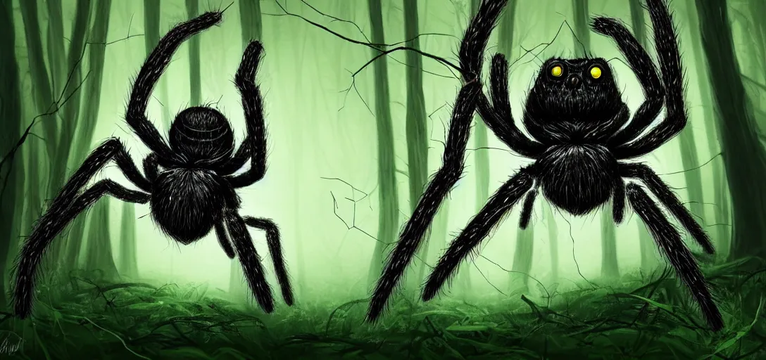 Prompt: You are walking through a dark forest, when you hear a branch snap behind you. You turn around to see a giant, hairy spider crawling towards you. It's eyes are bright green and its fangs are dripping with venom. You try to run, but the spider is too fast. It jumps on you, highly detailed, digital painting, HDRI, by christopher bretz and kael ngu, vivid colors, high contrast, 8k resolution, intricate, photorealistic, smooth