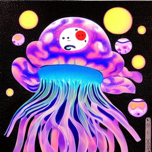 Prompt: The Omnious Black Jellyfish, painting by Chiho Aoshima, Yoshitomo Nara, Huang Yuxing and Aya Takano , Superflat art movement, chibi, , very ethereal, , oil inks, very ethereal, silver light, nacre colors