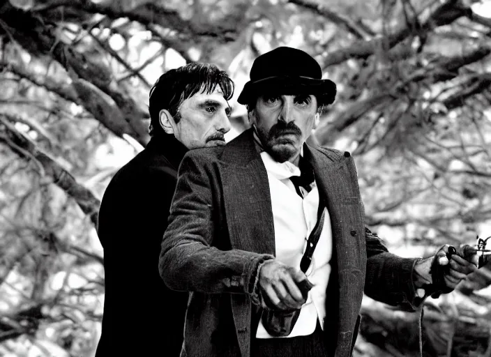 Image similar to an dramatic scene from the movie scarface, medium long shot, costumes from peaky blinders, filmed in the dark woods, a cabin in the background, al pacino and daniel day - lewis, sharp eyes, serious expressions, detailed and symmetric faces, black and white, cinematic, epic,