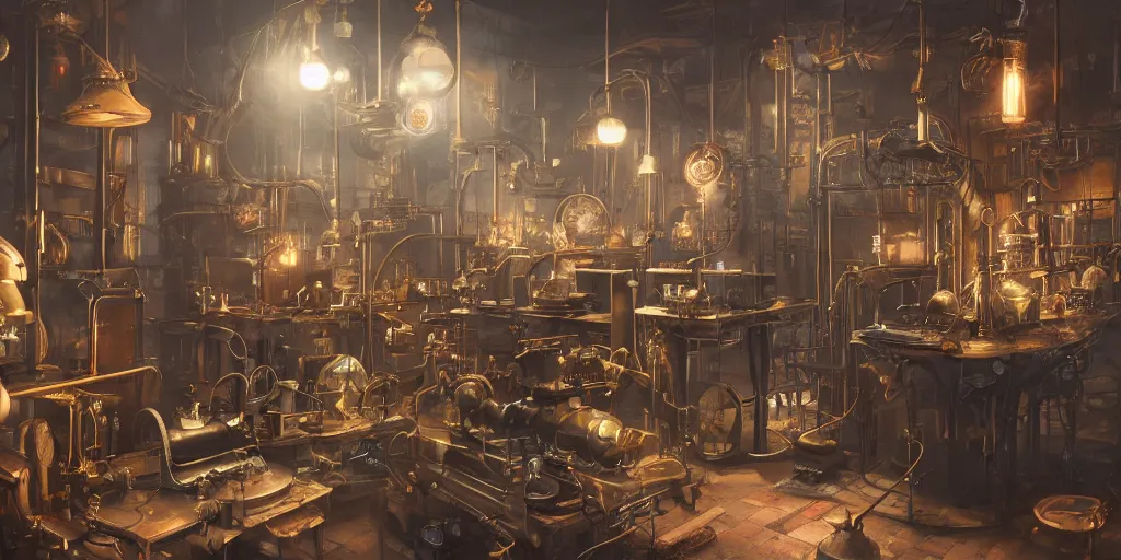 Prompt: kitbash of steampunk laboratory by Max Bedulenko, trending on Artstation, 8k, photorealistic, hyper detailed, unreal engine 5, cinematic color grade, epic lighting