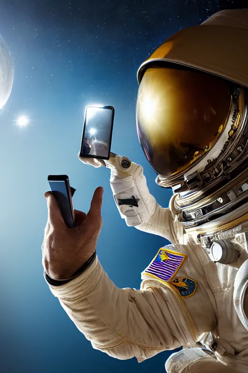 Image similar to extremely detailed studio portrait of space astronaut taking a selfie, holds a smart phone in one hand, phone!! held up to visor, reflection of phone in visor, moon, extreme close shot, soft light, golden glow, award winning photo by jimmy nelson