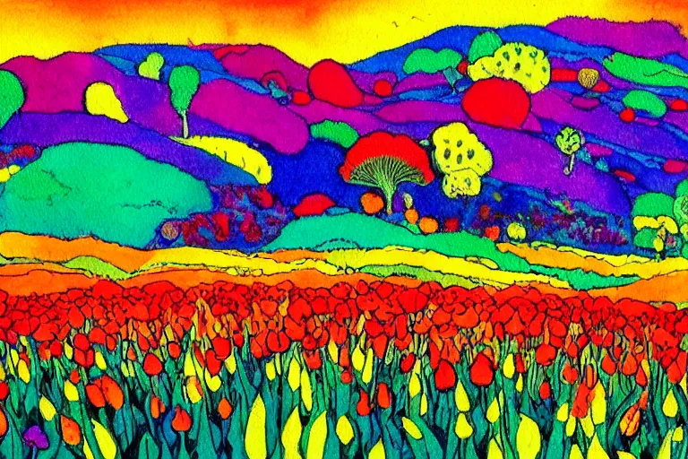 Prompt: a psychedelic painting of a tulip field with rolling hills, watercolour by wes wilson, victor moscoso, robert crumb, peter max, william finn, martin sharp