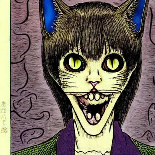 Image similar to a cat by junji ito, colored, realistic, horror