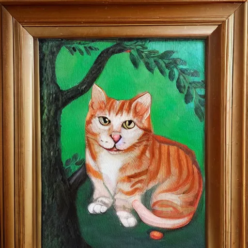 Prompt: cat sitting under the tree, rococo oil painting