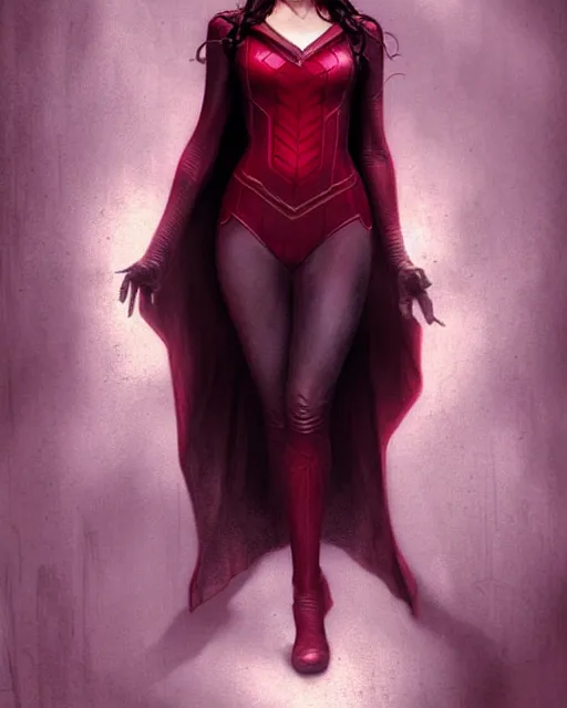 Image similar to Scarlet witch outfit Sarah Michelle Gellar, black magic, realistic character concept, full body, scary pose, comic book, illustration,;cinematic lighting, high resolution, Charlie Bowater, Norman Rockwell, symmetrical eyes, single face, insanely detailed and intricate, beautiful