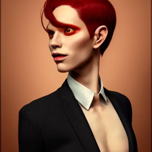 Image similar to portrait of a beautiful nonbinary model with tan skin and messy short red hair wearing a men's suit, pointed ears and copper eyes, cat-like, by Gerald Brom and Ross Tran, hyper-realistic, soft lighting, 4K, trending on artstation