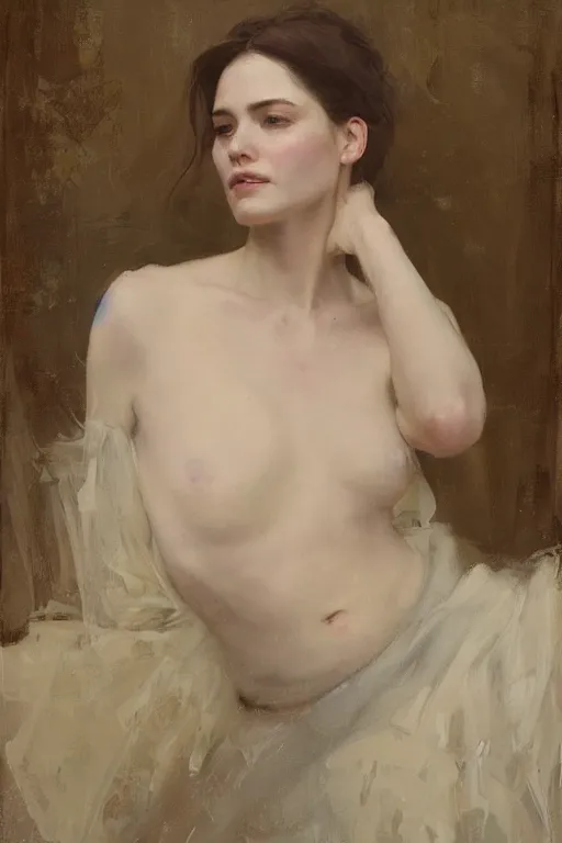 Image similar to Richard Schmid and Jeremy Lipking and Roberto Ferri full length portrait painting of a young beautiful woman