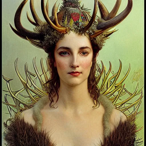 Image similar to a detailed portrait of a green haired brown eyed queen of feathers with an antler crown by wayne barlowe and mucha