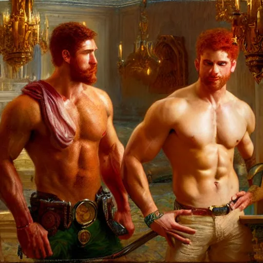 Image similar to attractive muscular mike with ginger hair with attractive tyler with brunet hair, drinking their hearts out, in their noble mansion. defined to the maximum and highly detailed painting by gaston bussiere, craig mullins 8 k