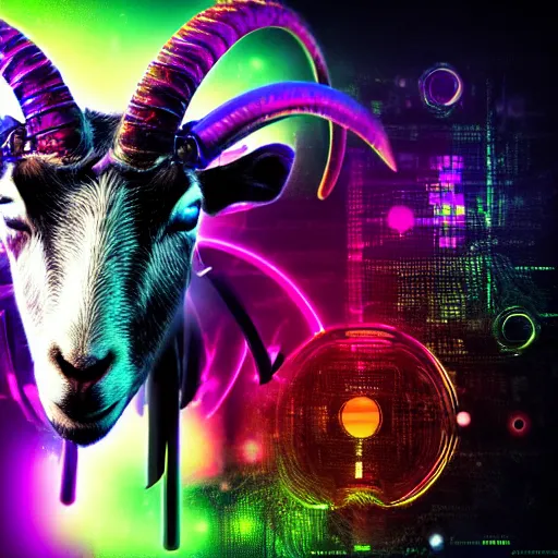 Image similar to complex cyberpunk machine background merged with evil cybernetic goat head in center focus, multicolored digital art