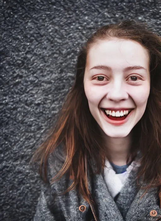 Prompt: Mid-shot portrait of a beautiful 20-year-old woman from Iceland, wide smile, happy, candid street portrait in the style of Martin Schoeller award winning, Sony a7R