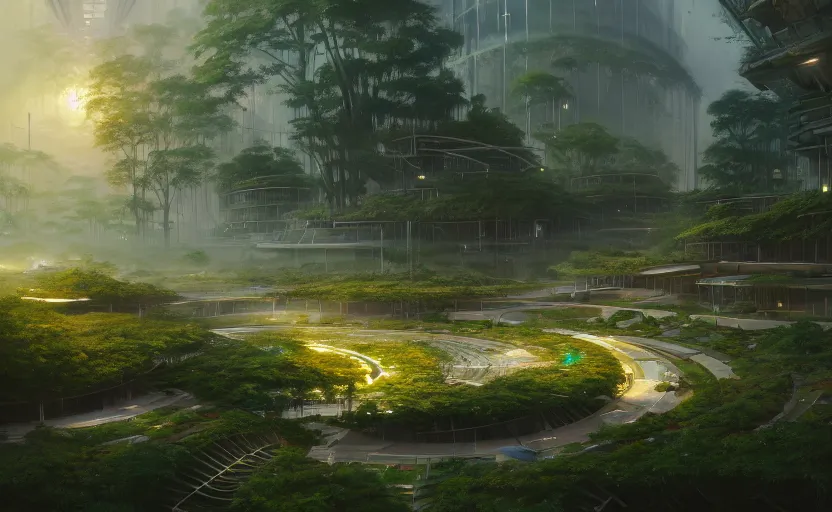 Prompt: solarpunk circular city with lush forest in the center, walkable pathways, rooftop gardens and solar panels, highly detailed, digital painting, artstation, concept art, smooth, sharp focus, illustration, art by wlop, mars ravelo and greg rutkowski