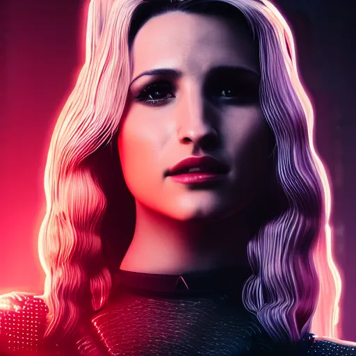 Image similar to dianna agron portrait, Cyberpunk 2077, photorealistic, ultra detailed, cybernetic body parts, neon, octane, bokeh, 8k