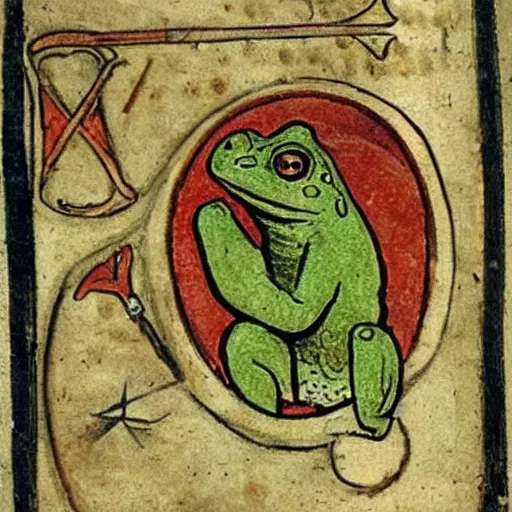 Image similar to medieval illustration of a frog practicing alchemy, illuminated manuscript