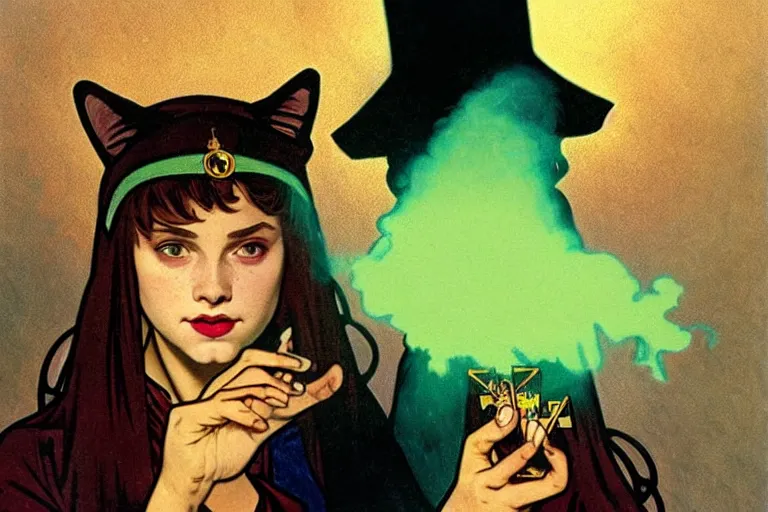 Image similar to close up portrait, dramatic lighting, concentration, calm confident teen witch and her cat, tarot cards displayed on the table in front of her, sage smoke, magic wand, a witch hat and cape, apothecary shelves in the background, alphonse mucha