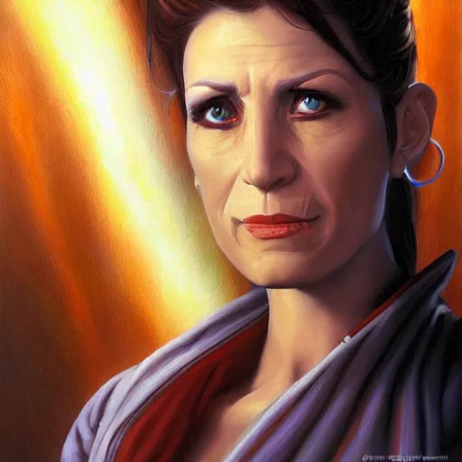 Prompt: portrait of an bajoran woman ( 3 5 ) from bajor, bajor - b'hava'el, bajoran sector, alpha quadrant, an oil painting by ross tran and thomas kincade