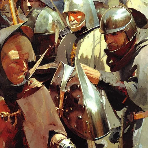 Prompt: portrait of men wearing gambeson and medieval helmets, clashing swords, detailed by greg manchess, craig mullins, bernie fuchs, walter everett