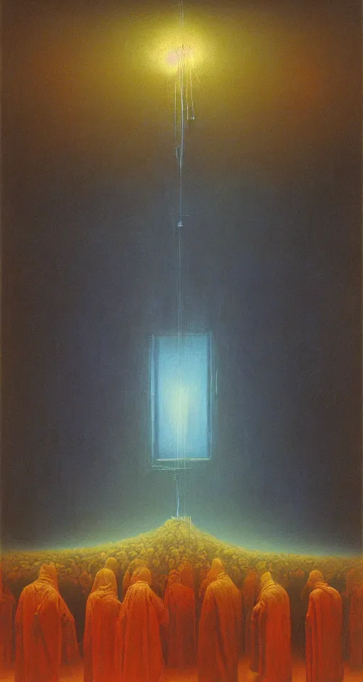 Prompt: worshippers in robes huddled around a very complex gigantic reflective glowing glass crystal tesseract orb violently illuminating a small room, very bright white light, small room, enlightening, high detailed beksinski painting, part by adrian ghenie and gerhard richter. masterpiece, deep colours, blue