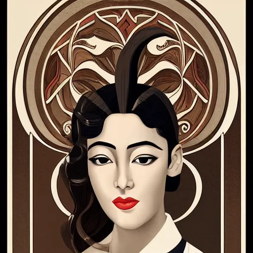 Image similar to an art nouveau, ( streamline moderne ), multi - racial portrait in the style of chanthara. very large, clear, expressive, and intelligent eyes. centered, ultrasharp focus, dramatic lighting, photorealistic digital matte painting, intricate symmetrical ultra detailed background.