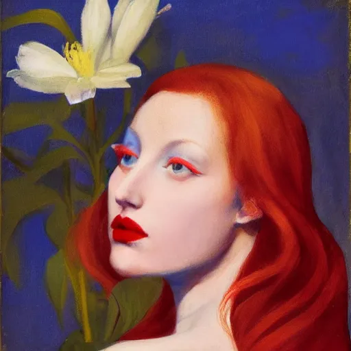 Image similar to Woman model appearance, flowers, Renaissance, red hair, coral lips, blue shadow, style Edward Hopper