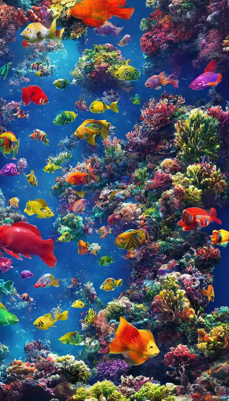 Prompt: beautiful multiple colorful fishes underwater, volumetric dramatic light, dark black background, sharp focus, highly realistic, octane render, art by greg rutsowski