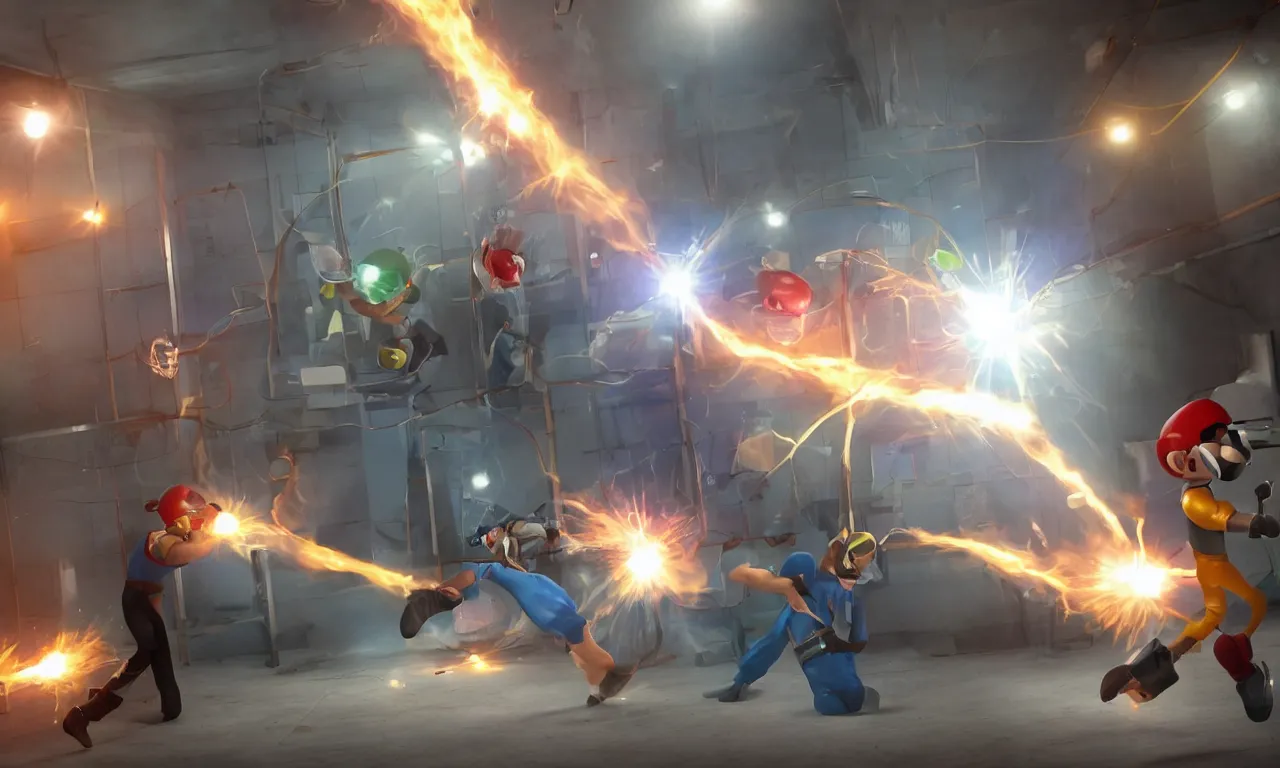 Image similar to epic fight between plumber and electrician in a room, dramatic, dynamic, flares, water, cinematic