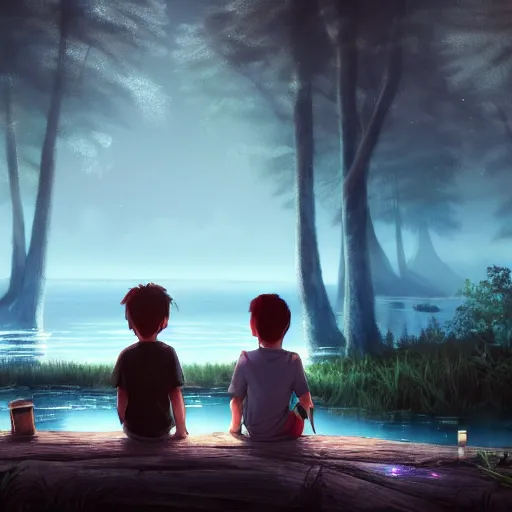 Image similar to a silver dragon and a boy sitting together next to a lake watching firefly at night in forest, concept art, dof, cryengine, digital art, detailed background, makoto shinkai