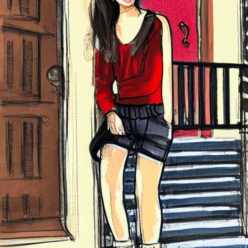 Prompt: fashion sketch of an asian teenager doing a warm up on a brownstone stoop.