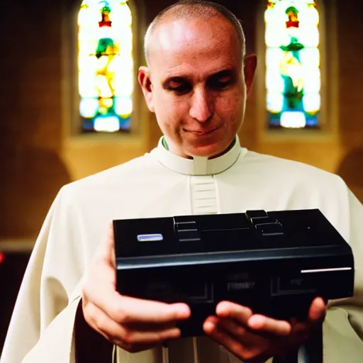 Image similar to a priest in a church holding up a nintendo gamecube, cinematic, close up shot, 35mm film, color