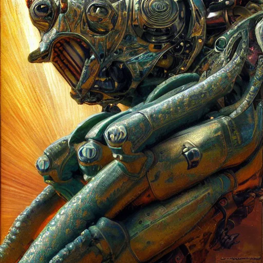 Image similar to highly detailed painting of a robotic humanoid lizard mecha, painting by gaston bussiere, craig mullins, j. c. leyendecker, lights, art by ernst haeckel, john william godward, hammershøi, alex grey, dmt, symmetric, masterpiece details, hyper - detailed, hd, hdr, 4 k, 8 k