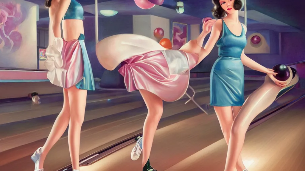 Image similar to art deco bowling alley, cute girl bowling, photo, ultra detail, photoreal, professionally retouched, soft moonlight lighting, shiny plastic miniskirt, realistic, smooth face, goddess, luscious lips, perfect eyes, wide angle, sharp focus on eyes, 8 k high definition, insanely detailed, intricate, elegant, art by artgerm and wlop