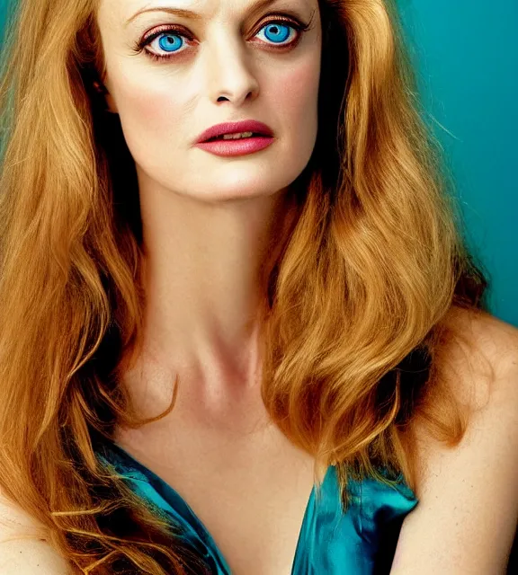 Image similar to beautiful portrait photo of Heather Graham, symmetric face, symmetric eyes, slight smile, photo by Annie Leibovitz, 85mm, teal studio backdrop, Getty images