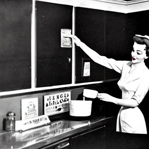 Image similar to a vintage photograph of a 1 9 5 0 s house wife washing dollar bills with detergent