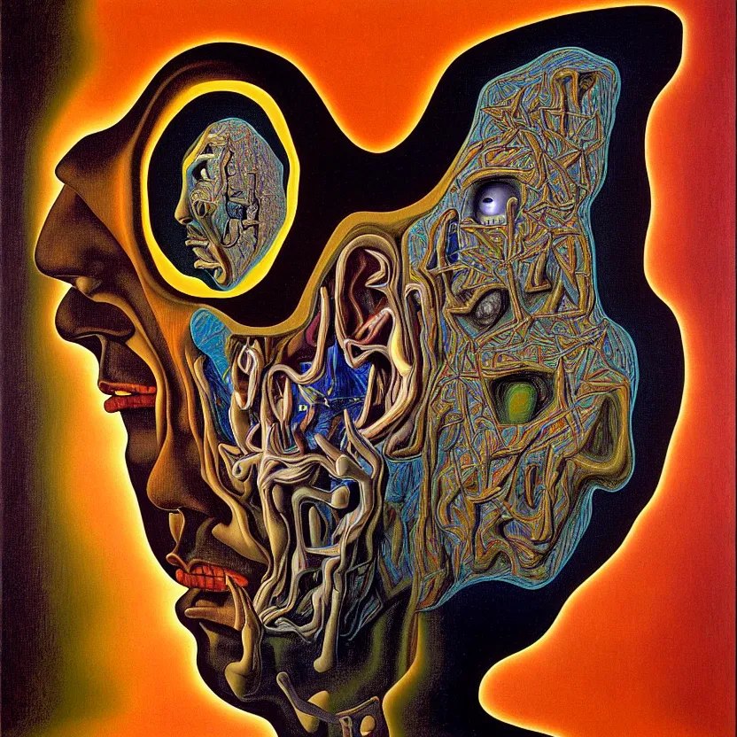 Image similar to a face coming out of a face coming out of a man's head, recursion, fractals, surreal, by salvador dali and mc escher and max ernst, oil on canvas, weird, dreams, fantasy, intricate details, soft lighting, warm colors