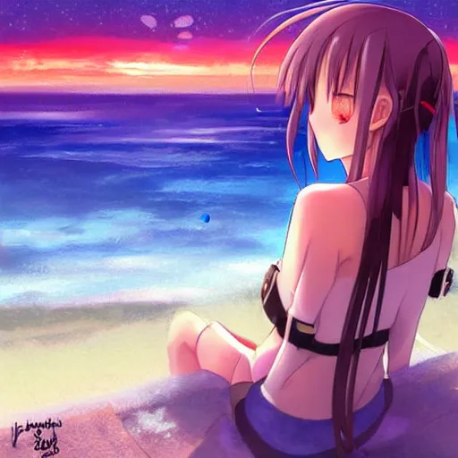 Prompt: wlop art: yuuki asuna sitting at the beach watching saturn in the sky