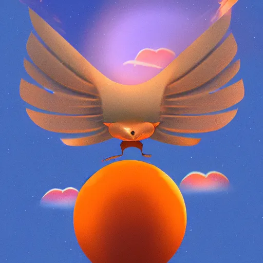 Image similar to a mouse wearing clockwork wings flying through thick orange clouds, sci-fi illustration