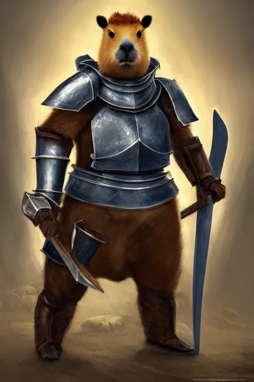 Prompt: an anthropomorphic capybara that is wearing full iron plate armor, a capybara that is dual wielding broadswords, as a matte oil painting and d & d art, standing, fullbody, blue magic, sharp focus, award - winning, extremely detailed, 4 k,