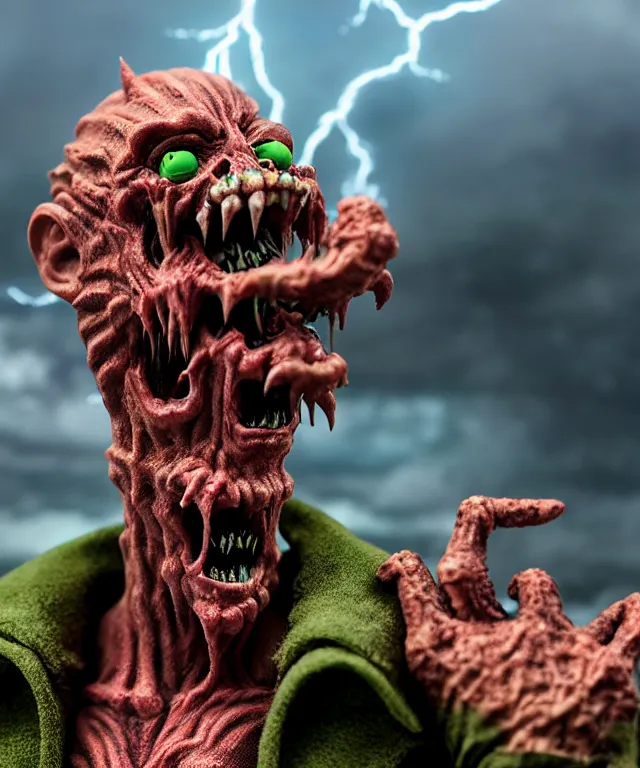 Prompt: hyperrealistic rendering, epic boss battle, punk rock zombie, by art of skinner and richard corben, product photography, collectible action figure, sofubi, hottoys, storm clouds, outside, lightning