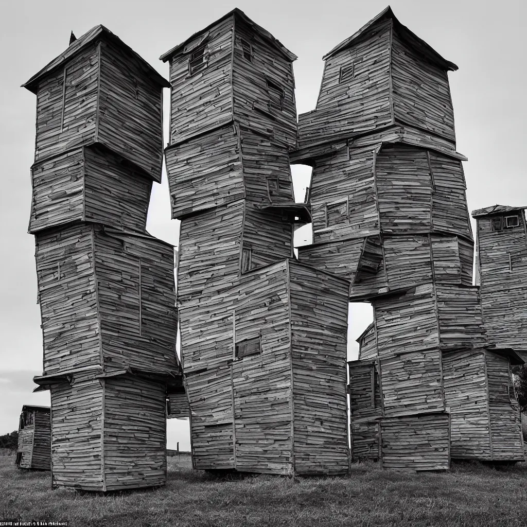 Prompt: two towers, made up of colourful makeshift squatter shacks, hasselblad x 1 d, uniform plain sky at the back, fully frontal view, very detailed, ultra sharp, photographed by jeanette hagglund and ansel adams