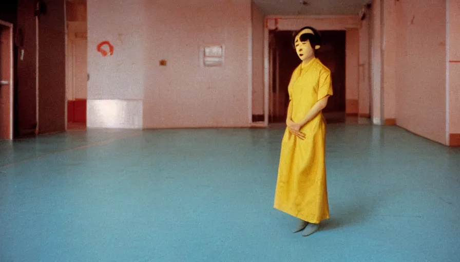 Image similar to 60s movie still of a white japanese female phantom bloody in an empty soviet stalinist style hospital with yellow tiles floor with light blue beds, cinestill 800t 35mm technicolor, heavy grain, high quality, higly detailed, liminal space