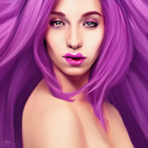 Prompt: a stunning upper body portrait of a beautiful woman with purple pink hair blowing in the wind by marvel comics, digital art, trending on artstation