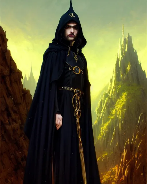 Prompt: handsome mage looking into the distance, long black hair wearing leather mantle gothic navy cloak with gold details, cave town, fantasy character portrait, hyperrealism, concept art, intricate details, highly detailed by greg rutkowski, ilya kuvshinov, gaston bussiere, craig mullins, simon bisley