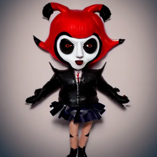 Image similar to lady gaga in harley quinn pupyplush doll, scream, background dark, portrait, 8k