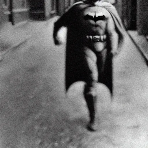 Image similar to old black and white photo portrait, 1 9 2 5, close - up portrait depicting batman with his head down in alley of new york city, rule of thirds, historical record