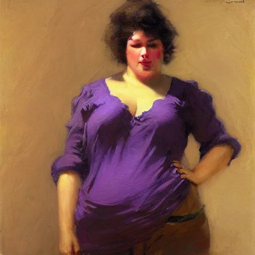 Image similar to a woman in a purple shirt with an obese body type, painting by Gaston Bussiere, Craig Mullins