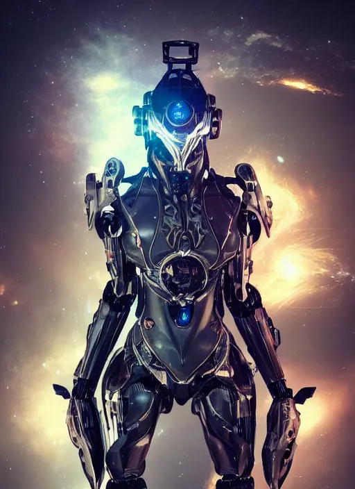 Image similar to photo of a robot made of clock parts, warframe armor, beautiful face, scifi, nebula reflections, stars, professionally color graded, 8 k high definition, insanely detailed, intricate, innocent, art by akihiko yoshida and artgerm